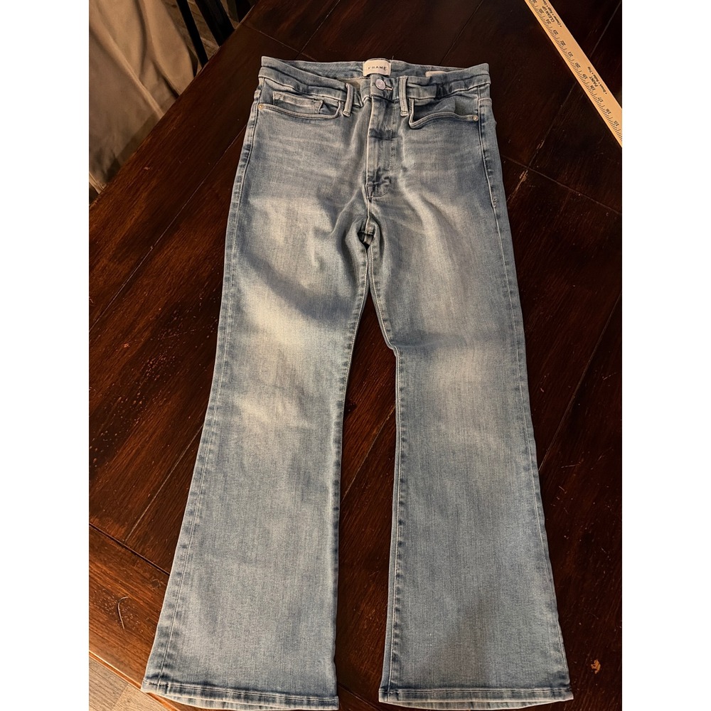 FRAME Le One Crop Mini Boot Jeans Womens Size 2 Medium Wash Blue High Rise Flare - Picture 2 of 13